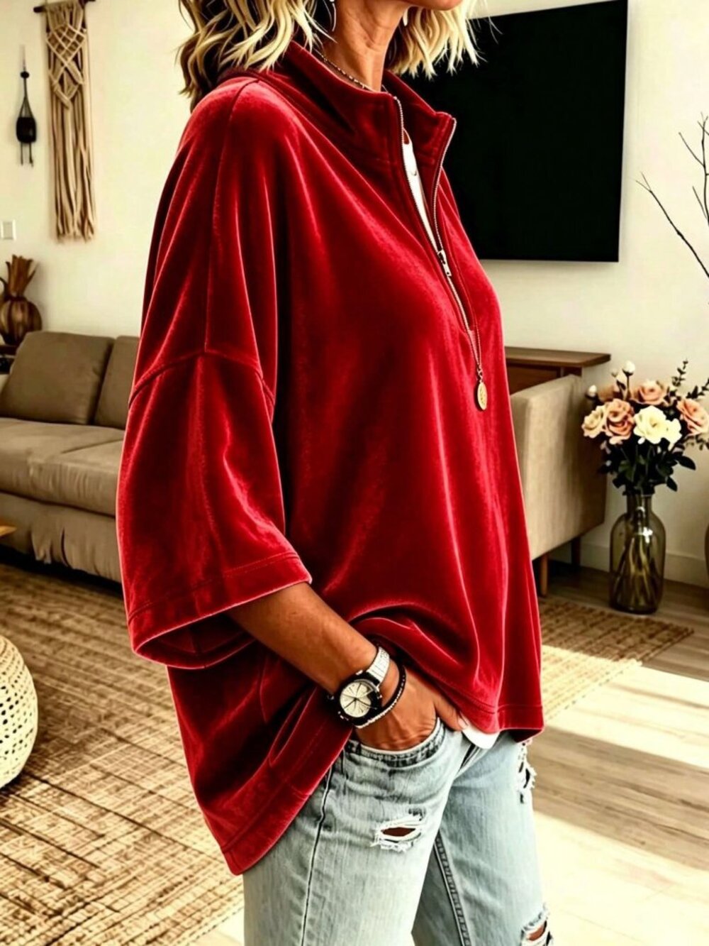 Red Sexy Casual Loose High Neck 3/4 Sleeve Pullovers - Picture 3 of 3